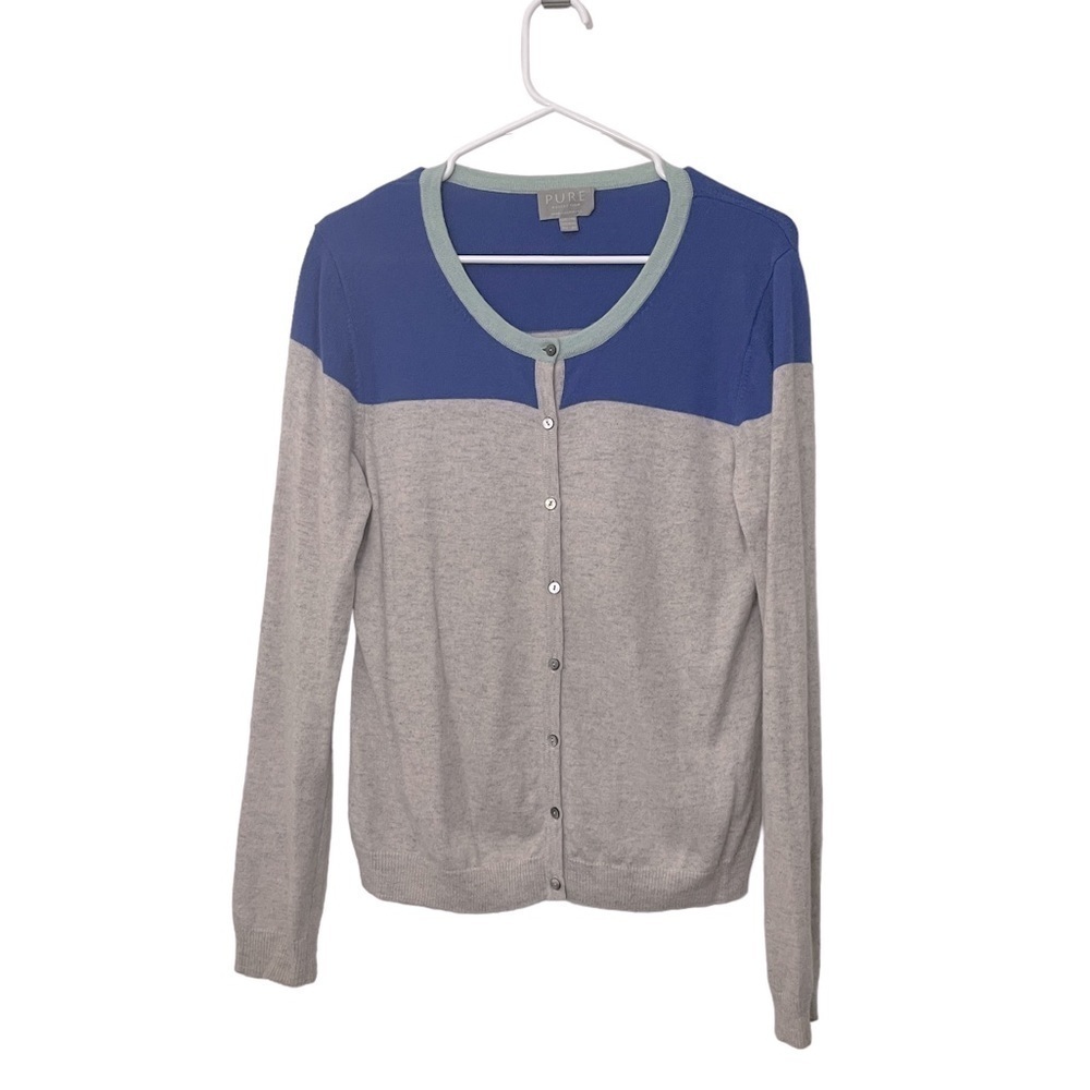 Pure Collection Cashmere Color Block Cardigan Sweater | Grey Blue | Size M